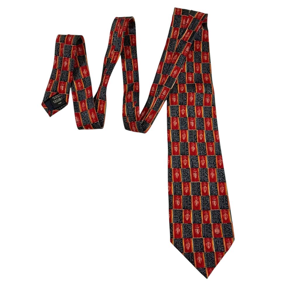 VTG Dunhill‎ 100% Silk Necktie Crest Checkerboard Crown Heraldic Red Black Gold - Picture 4 of 9